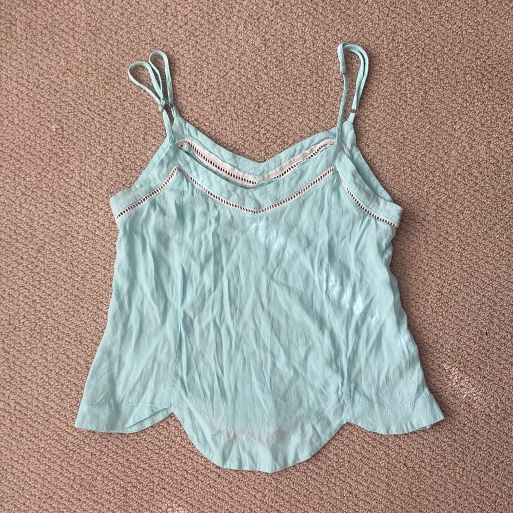 Mika & Gala Scalloped Cropped Eyelet Tank Top Blouse Aquamarine Teal Size 10 EUC